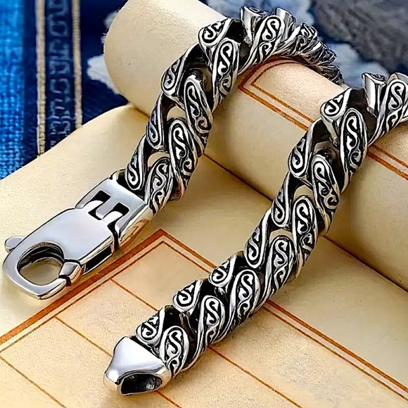 Stainless Steel Chain Link Bracelet, Mantra, Curb Hand Woven Engraved - Picture 2 of 4